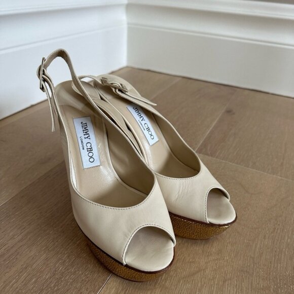 Jimmy Choo Cream Leather Slingback Peep Toe Metallic Platform Heels 37 - Picture 2 of 4